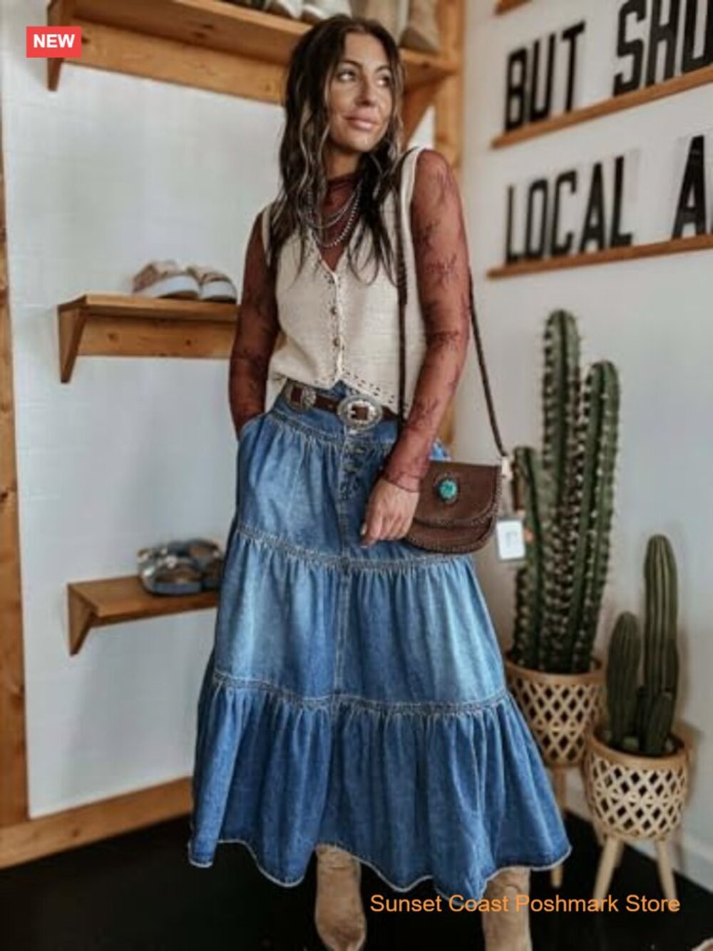 High Rise Button-Fly Tiered Ruffle A-Line Denim Maxi Skirt with Pockets - Picture 3 of 7